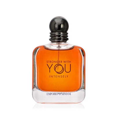 Giorgio Armani Stronger With You Intensely 100ml Eau de Parfum bottle with sleek design and dark fragrance liquid inside.