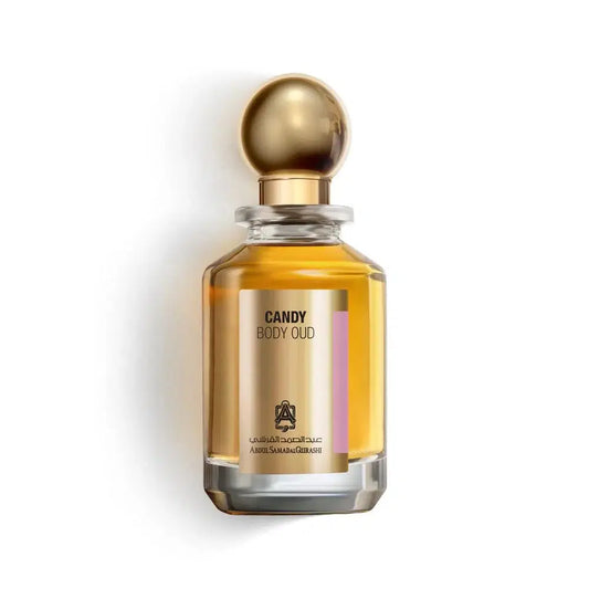 Abdul Samad Al Qurashi Body Oud Candy perfume 100ml bottle with intricate decorative design, showcasing luxurious fragrance packaging.