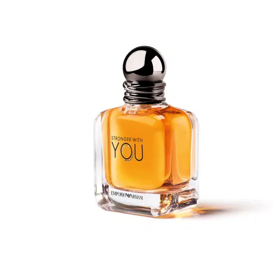 Side view of Giorgio Armani Stronger With You Eau de Toilette 100ml bottle, showcasing its sleek design and elegant packaging.