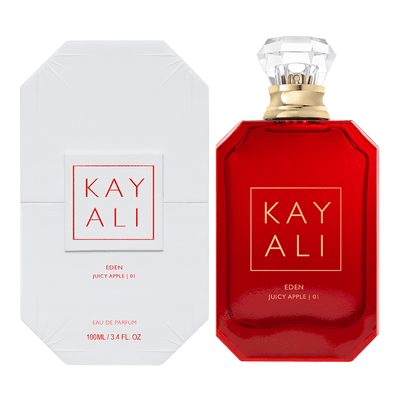 Eden Juicy Apple Kayali Eau De Parfum 100ml bottle with a sleek design, showcasing the fragrance's fresh apple scent.