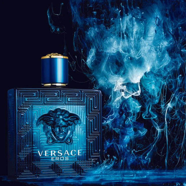 Versace Eros 100ml men's perfume bottle with a sleek design and gold accents, showcasing the iconic fragrance packaging.