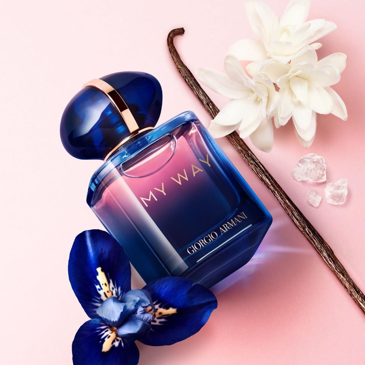 Giorgio Armani My Way Le Parfum 90ml bottle with packaging and ingredient details on a white background.
