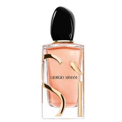 Giorgio Armani SI Eau de Parfum Intense bottle with elegant black and gold design, 100ml size, on a white background.