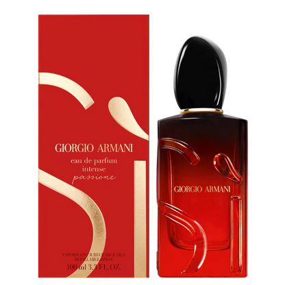 Giorgio Armani Sì Passione Eau de Parfum Intense 100ml bottle with elegant design and deep red accents.