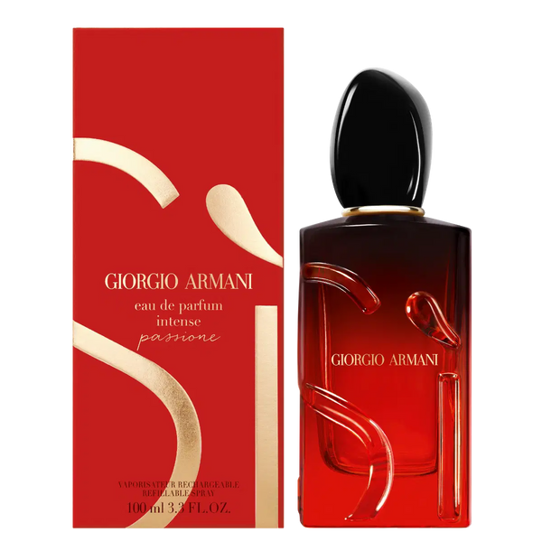 Giorgio Armani Sì Passione Eau de Parfum Intense 100ml bottle with elegant design and deep red accents.