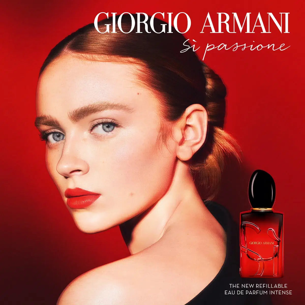Giorgio Armani Sì Passione Eau de Parfum Intense bottle with elegant pink and gold packaging, showcasing the luxurious fragrance design.