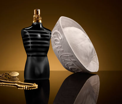 Jean Paul Gaultier Le Male Le Parfum 125ml bottle with sleek, modern design, displayed on a stylish background.