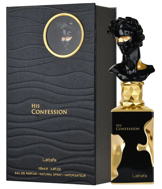 Lattafa His Confession 100ml perfume bottle with sleek design and clear branding, displayed on a white background.