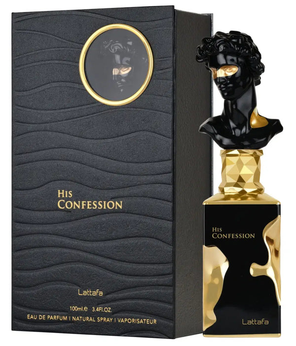 Lattafa His Confession 100ml perfume bottle with sleek design and clear branding, displayed on a white background.