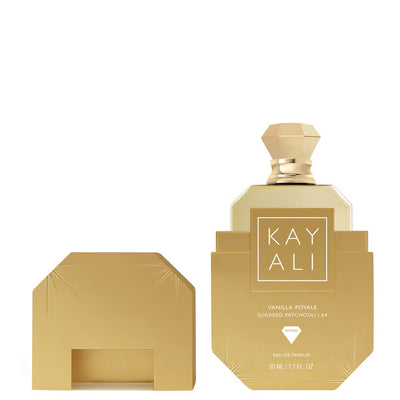 Kayali Vanilla Royale Sugared Patchouli 64 Eau De Parfum Intense bottle, showcasing the 100ml fragrance with a sleek design.