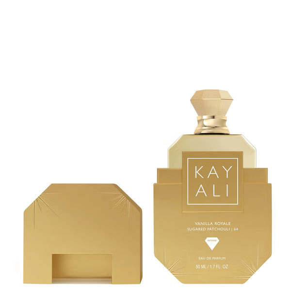Kayali Vanilla Royale Sugared Patchouli 64 Eau De Parfum Intense bottle, showcasing the 100ml fragrance with a sleek design.