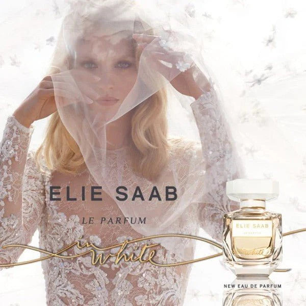 Elie Saab Le Parfum in White 90ml bottle with sleek white design, elegant cap, and floral accents on the packaging.