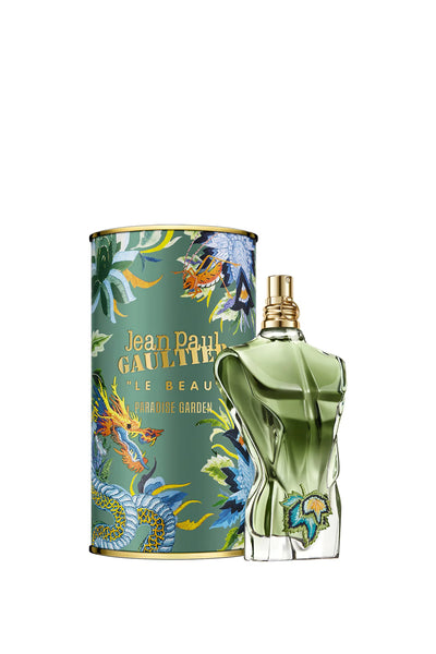 Jean Paul Gaultier Le Beau Paradise Garden 125ML perfume bottle with floral and tropical design, sleek and stylish for men.