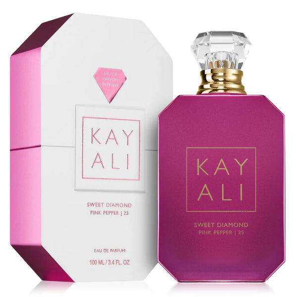 Kayali Sweet Diamond Pink Pepper 25ml perfume bottle with pink and gold accents, elegant packaging, and floral design.