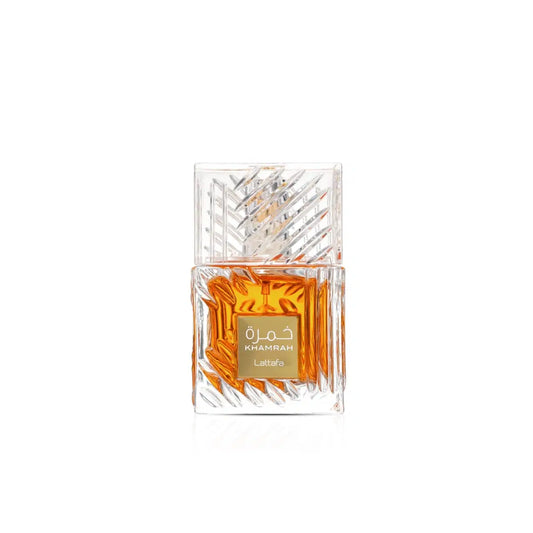 Lattafa Khamrah 100 ML bottle with elegant design, showcasing the fragrance packaging and branding.