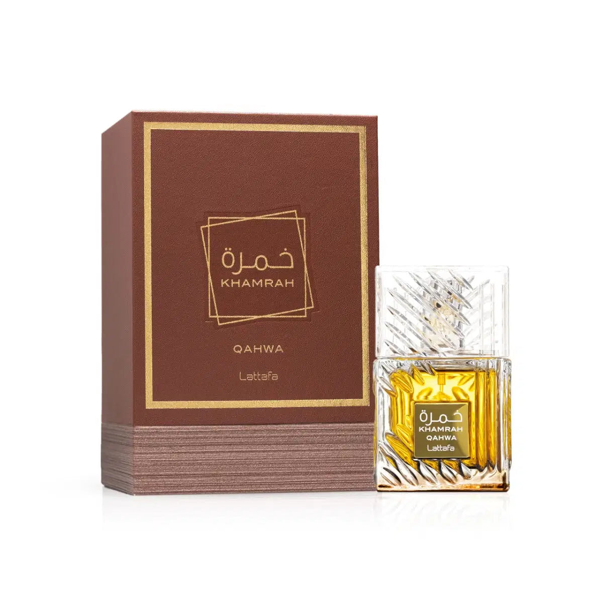 Lattafa Khamrah Qahwa 100ml bottle with dark liquid and elegant packaging, highlighting the aromatic coffee scent.