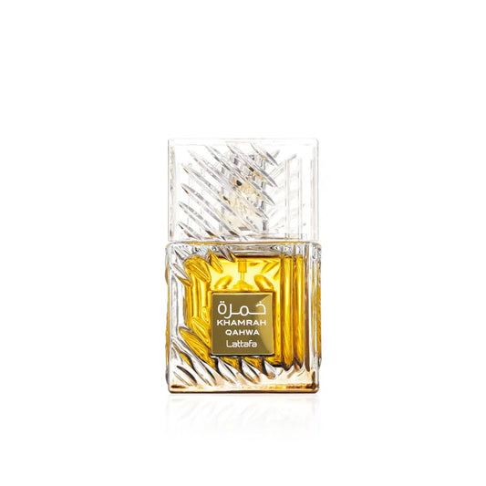 Lattafa Khamrah Qahwa 100ml bottle, featuring traditional Arabic coffee flavor with rich, dark liquid and Arabic-style packaging.