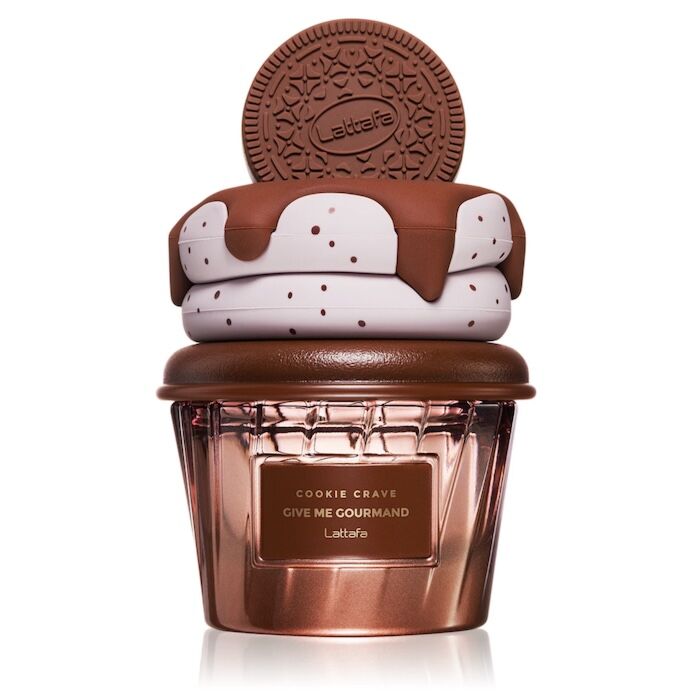 Lattafa Cookie Crave gourmand perfume bottle, 75ml, with a sleek design and scent notes highlighting sweet, warm, and spicy aromas.