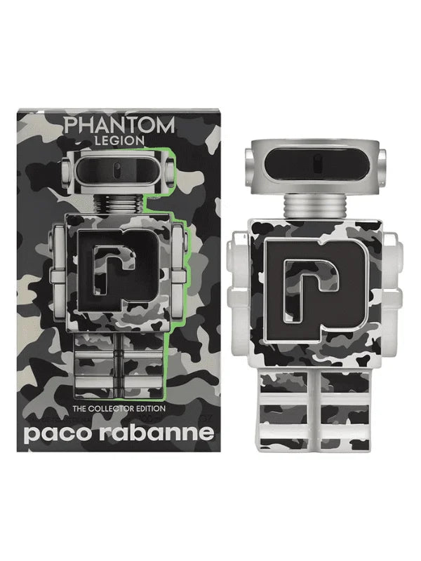 Rabanne Phantom Legion 100ml perfume box with sleek black and silver packaging, featuring the fragrance branding and design elements.