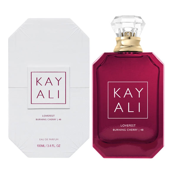 Kayali Lovefest Burning Cherry 100ml Eau de Parfum bottle with floral and cherry scent, elegant packaging and design.