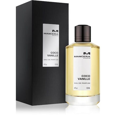 Mancera Coco Vanille 120ml perfume bottle featuring a sleek design and clear label, showcasing the luxurious fragrance product.