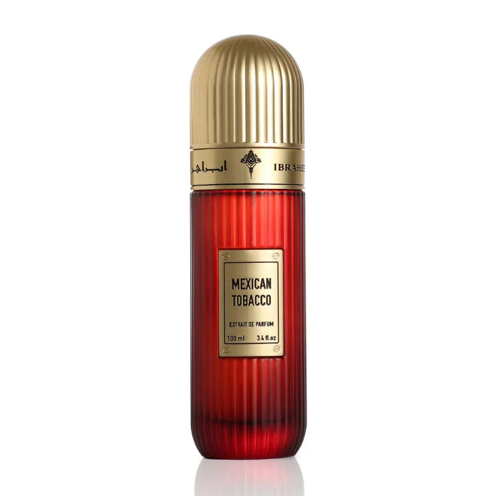 Ibrahim Al Qurashi Mexican Tobacco 100ML bottle with detailed label and amber-colored liquid inside.
