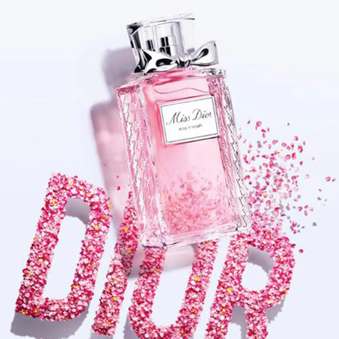Dior Miss Dior Rose N'Roses Eau de Parfum bottle with pink floral design and elegant packaging.
