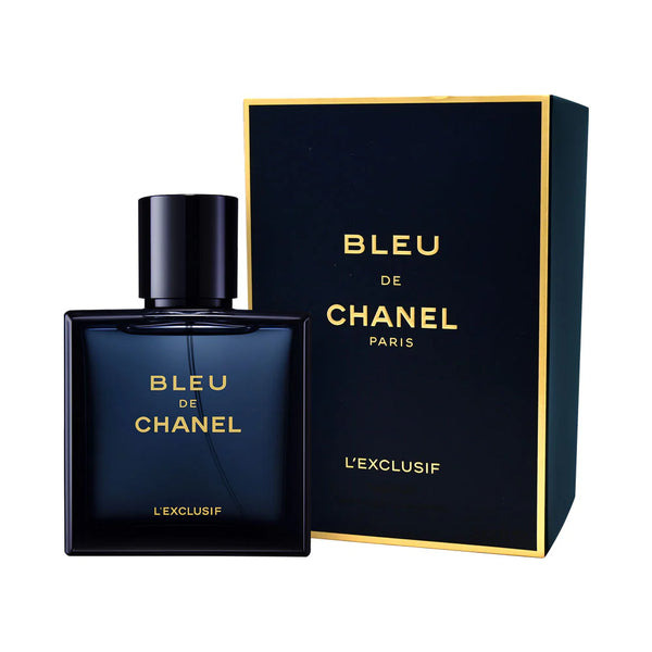 Chanel Bleu de Chanel L'Exclusif 100ml perfume bottle with sleek design and dark blue label, displayed on a neutral background.