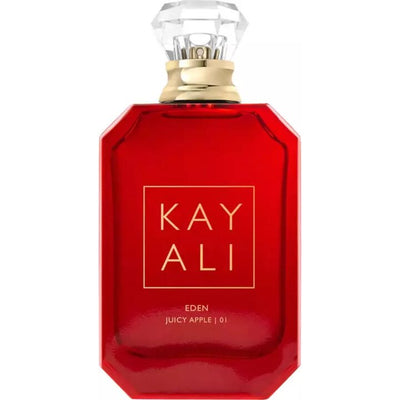 Eden Juicy Apple 01 Eau de Parfum by Kayali, 100ml, featuring a sleek bottle with a clear glass design and apple-themed accents.