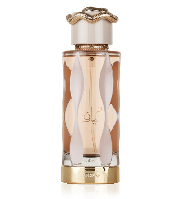 Lattafa Teriaq perfume bottle with 100ml clear glass and elegant design, featuring a sleek cap and luxurious fragrance presentation.