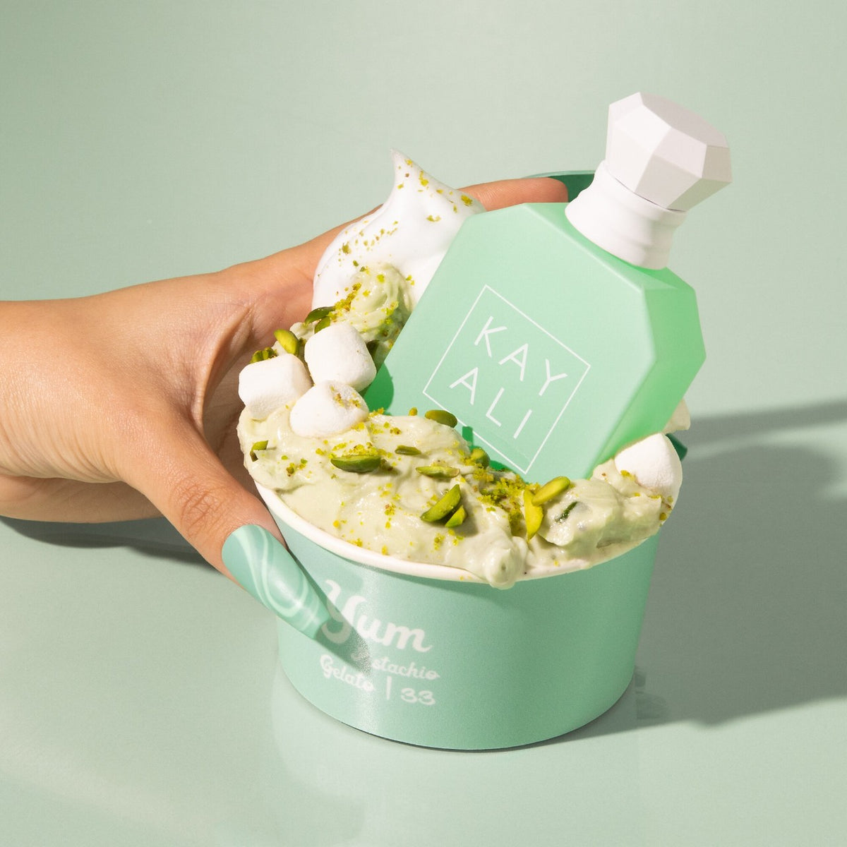 Creamy Yum Pistachio Gelato by Kayali in a 100ml bottle, featuring vibrant pistachio flavor and elegant packaging.