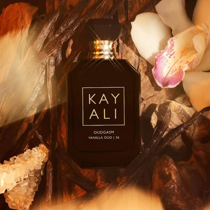 Kayali Oudgasm Vanilla Oud Eau de Parfum Intense bottle with elegant packaging, showcasing luxurious fragrance for women and men.