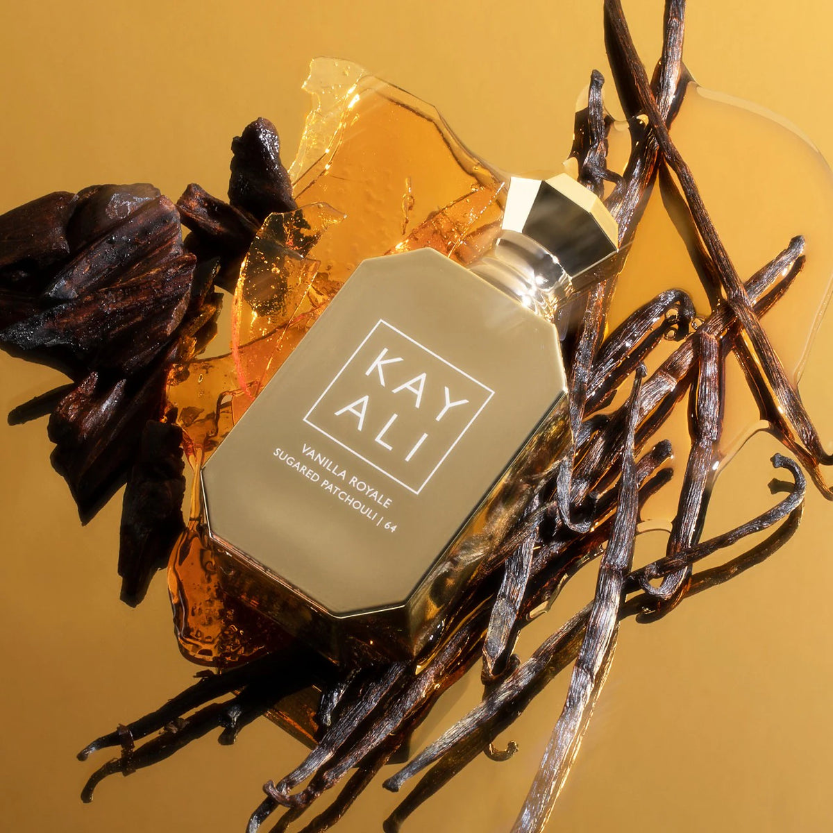 Kayali Vanilla Royale Sugared Patchouli Eau de Parfum Intense bottle with elegant packaging, 100ml, showcasing luxurious fragrance design.
