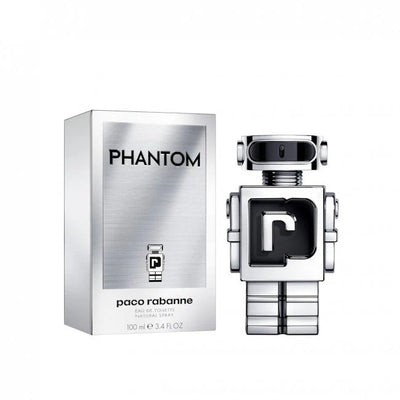 Rabanne Phantom 100ml Eau de Toilette bottle with sleek black and silver design, showcasing the modern men's fragrance.