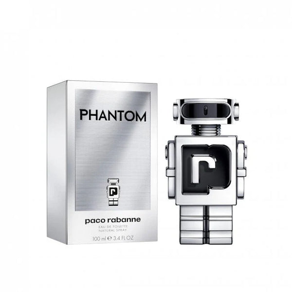Rabanne Phantom 100ml Eau de Toilette bottle with sleek black and silver design, showcasing the modern men's fragrance.