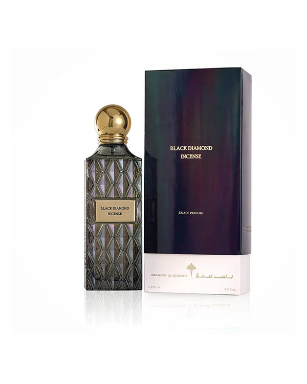 Black Diamond Incense by Ibrahim Al Qurashi in a 200ML container, showcasing the dark, elegant packaging and incense sticks.