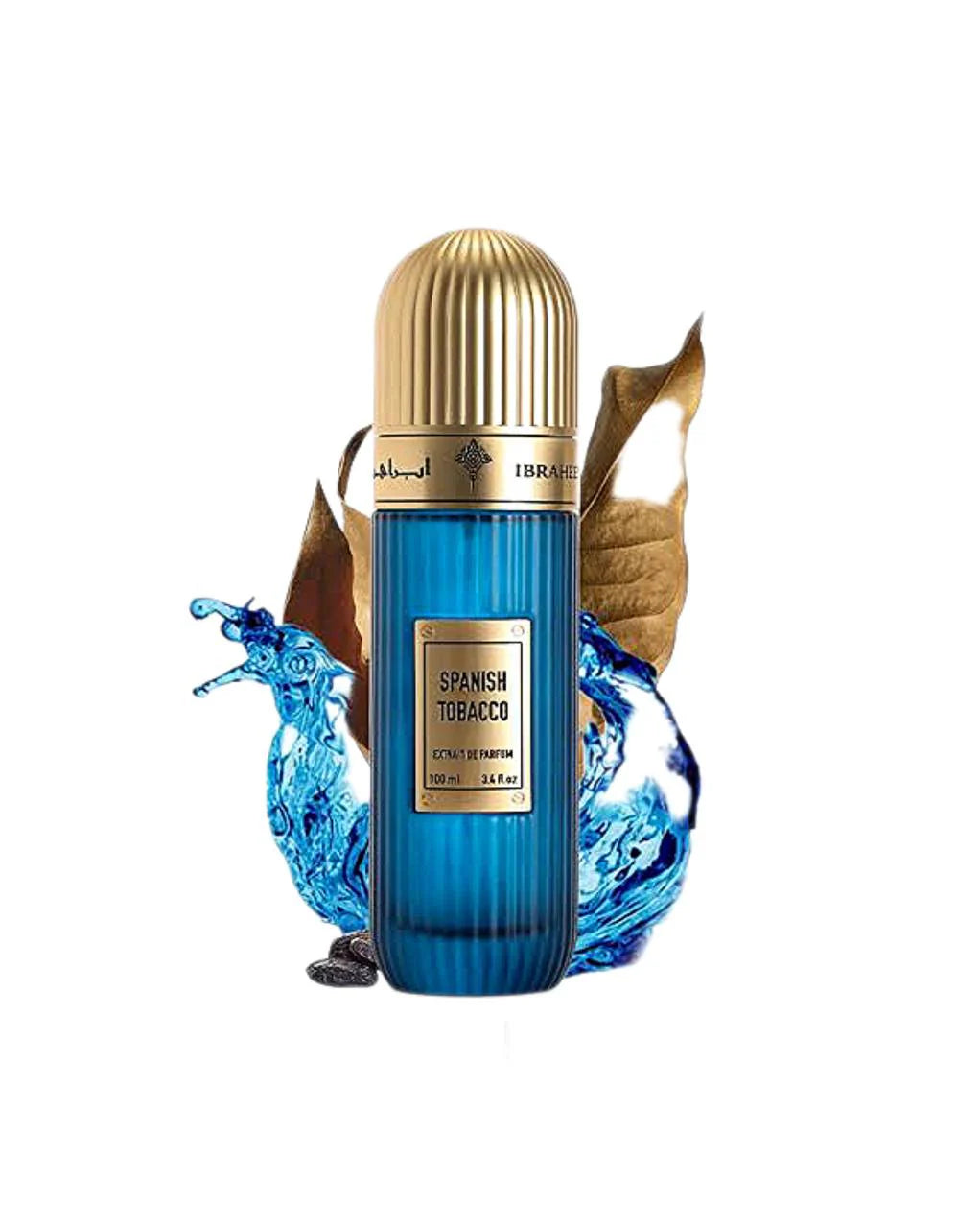 Spanish tobacco 100ML bottle by Ibrahim Al Qurashi, featuring a sleek glass container with a black cap and elegant label design.