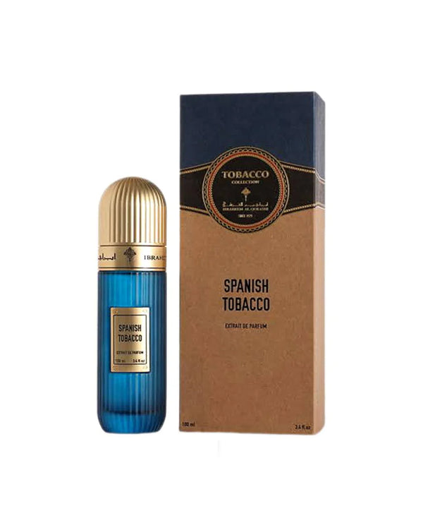 Ibrahim Al Qurashi Spanish Tobacco 100ML bottle with textured label and dark glass container.