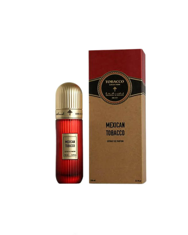 Bottle of Ibrahim Al Qurashi Mexican Tobacco 100ML perfume with a sleek design and clear label on a white background.
