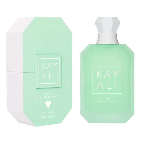 Kayali Yum Pistachio Gelato 100ml fragrance with a sleek glass bottle and pistachio-themed packaging design.