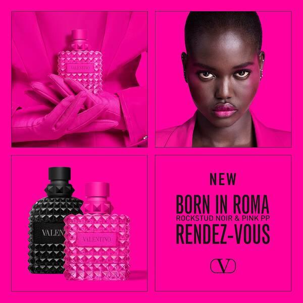 Valentino Born in Roma Rendez-Vous Pink EDP 100ml perfume bottle with pink accents, elegant packaging, and floral design.