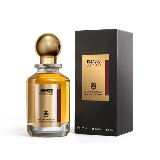 Abdul Samad Al Qurashi Tobacco Body Oud 100 ML fragrance bottle with elegant design and dark amber color.