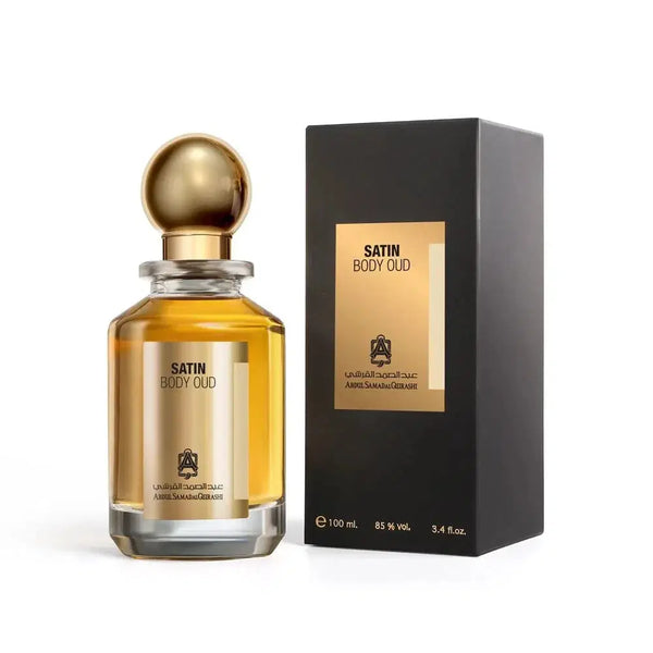 Satin Body Oud EDP 100ml by Abdul Samad Al Qurashi featuring a sleek perfume bottle with elegant gold accents.