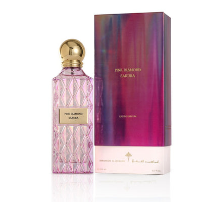 Pink Diamond Sakura 200ML perfume bottle by Ibrahim Al Qurashi with a pink cap and elegant floral design.