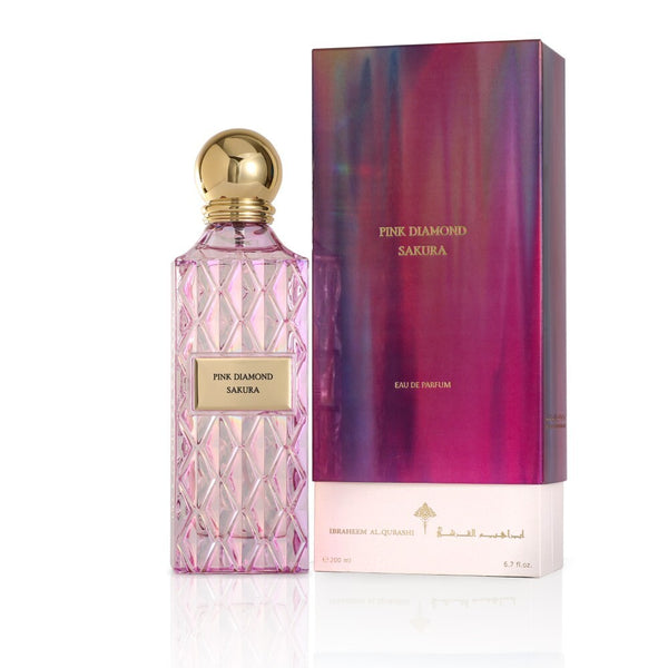 Pink Diamond Sakura 200ML perfume bottle by Ibrahim Al Qurashi with a pink cap and elegant floral design.