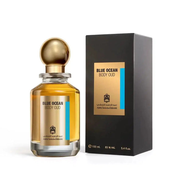 Blue Ocean Body Oud Spray by Abdul Samad Al Qurashi, 100 ML bottle with elegant design and blue accents.