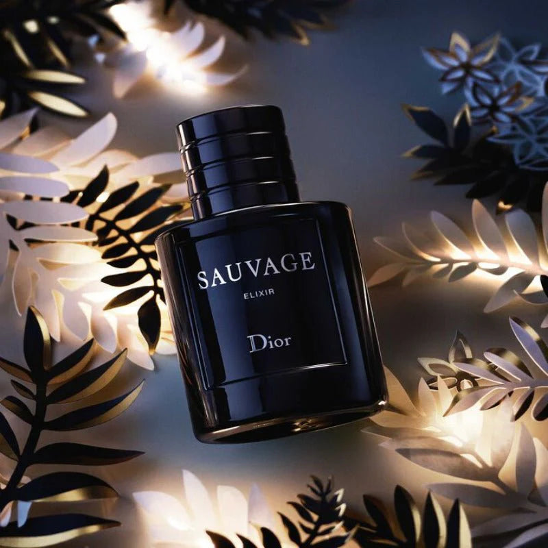 Dior Sauvage Elixir 75ML fragrance bottle with sleek design and dark amber liquid inside, showcasing luxury perfume packaging.