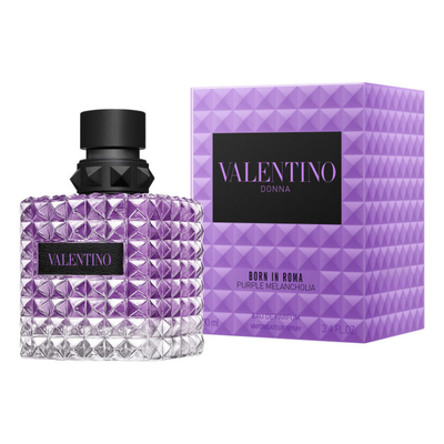 Valentino Donna Born in Roma Purple Melancholia perfume bottle with purple accents and elegant packaging.