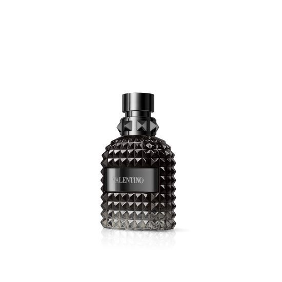 Valentino Uomo Intense Eau de Parfum 100ml bottle with sleek design and black cap, elegant fragrance presentation.