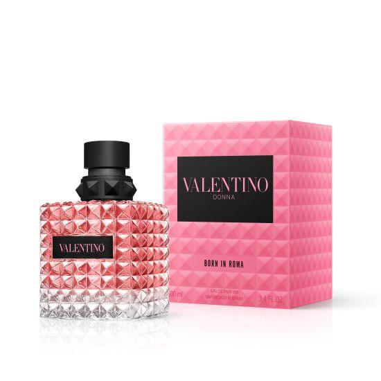 Valentino Donna Born in Roma Eau de Parfum 100ml bottle with box, three-quarter front view showing closed cap and elegant packaging.